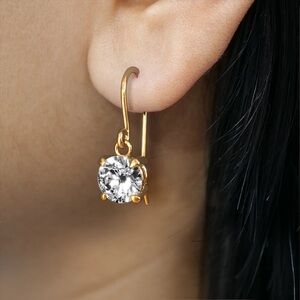 Dainty Gold CZ Solitaire Drop Earrings Minimalist Crystal Dangle Earrings